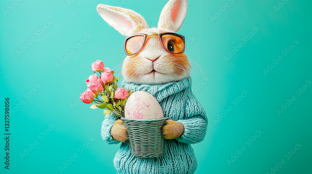 Easter bunny in glasses, with easter egg in basket and bouquet of flowers isolated on turquoise plain gray background with copy space