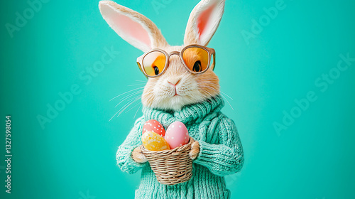 Obraz na płótnie Easter bunny in glasses, with easter egg in basket and bouquet of flowers isolated on turquoise plain gray background with copy space w salonie