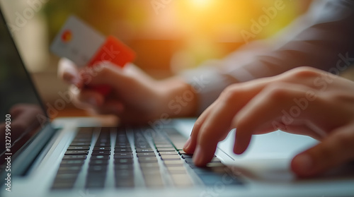 Close Up Hands Online Shopping with Credit Card on Laptop - Secure Digital Payment Ecommerce