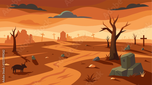 The once vibrant field is now a graveyard for the livestock that once grazed upon it. Their withered forms lay tered ast the parched soil a silent testament to the crippling. Vector illustration