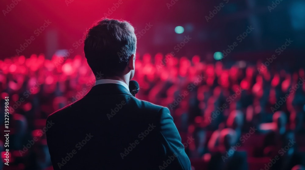 Speaker Addressing Large Audience in Dimly Lit Auditorium Speaker Addressing Large Audience in Dimly Lit Auditorium