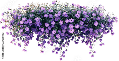 Fototapeta Naklejka Na Ścianę i Meble -  Vibrant purple flowers cascading from a hanging planter in a sunny garden setting