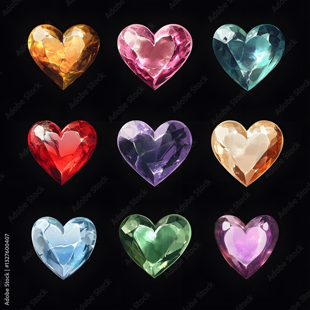 Colorful heart-shaped gems arranged in a grid format Colorful heart-shaped gems arranged in a grid format