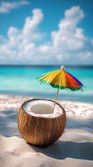 Stickers  Tropical delight coconut on sandy beach under a vibrant sky  © Agnieszka