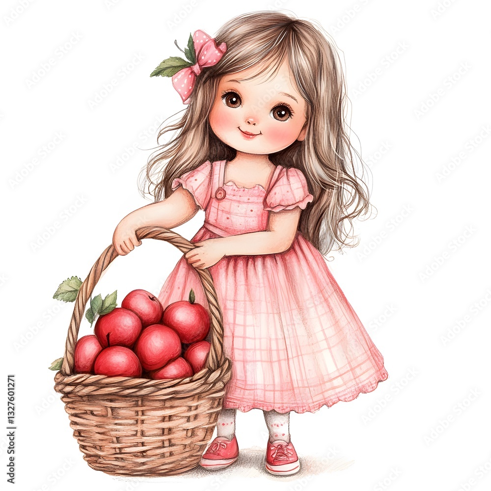 Young girl in pink dress holding a basket of apples Young girl in pink dress holding a basket of apples