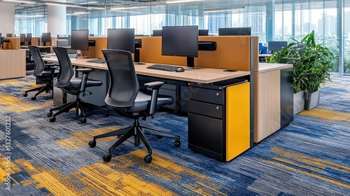 Modern office space features computer workstations and ergonomic mesh chairs