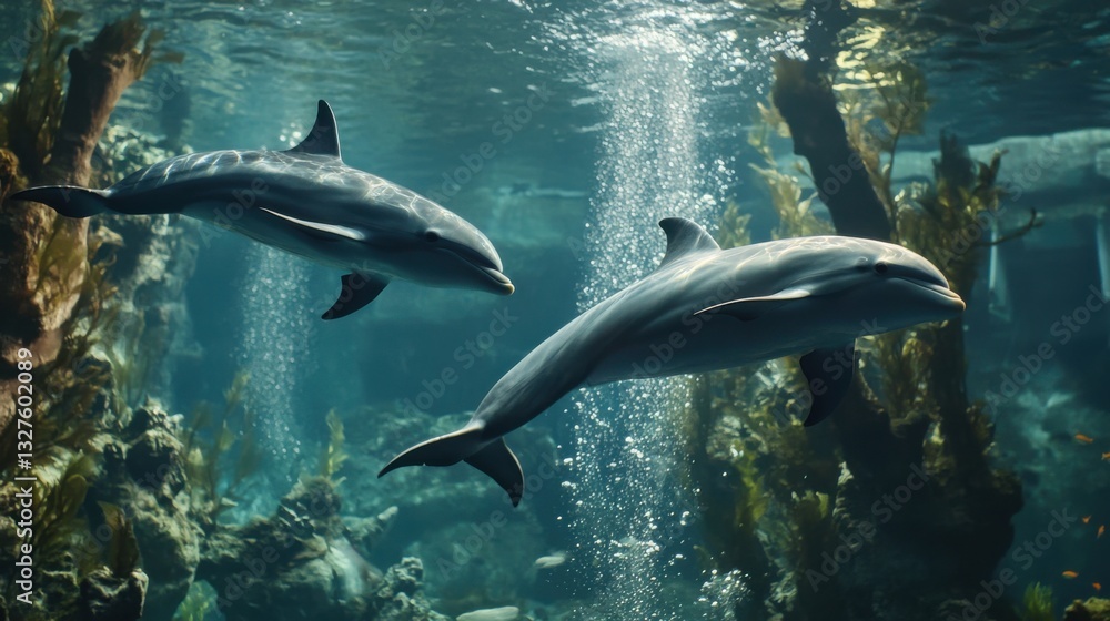 Obraz premium Dolphins Playfully Swimming in Clear Underwater Waters