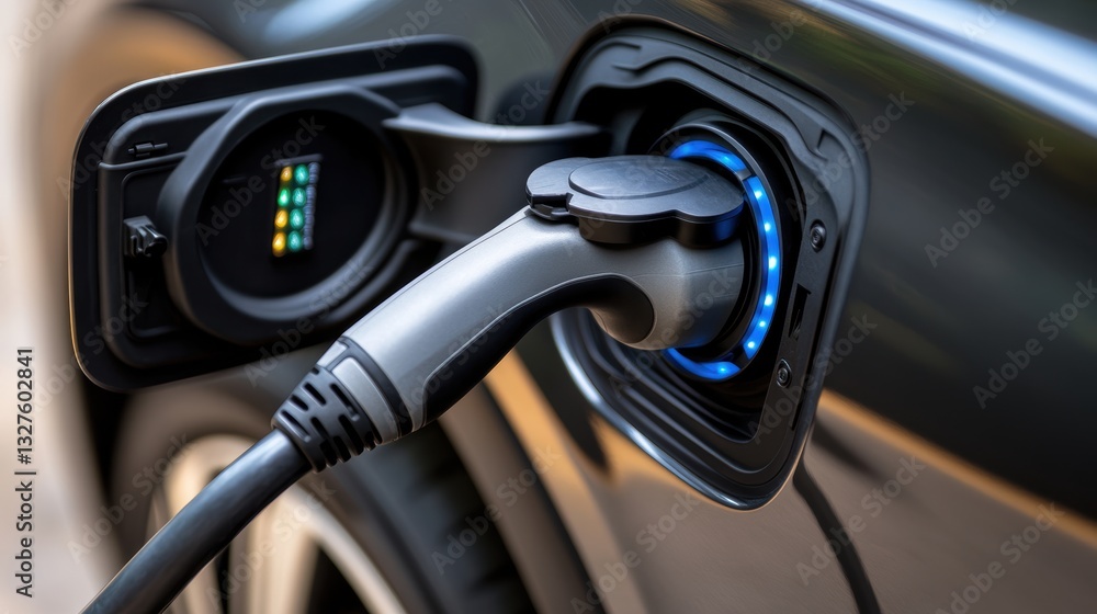Close-up view of an electric vehicle charging port with a charging cable connected, illuminated with blue and green lights, symbolizing the transition to sustainable transport Close-up view of an electric vehicle charging port with a charging cable connected, illuminated with blue and green lights, symbolizing the transition to sustainable transport
