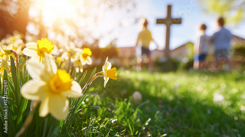 Easter egg hunt with children and bunny in churchyard