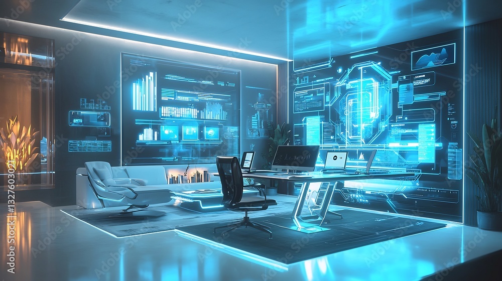 Ai driven holographic virtual workspace seamless remote work experience hyper detailed futuristic smart office Ai driven holographic virtual workspace seamless remote work experience hyper detailed futuristic smart office