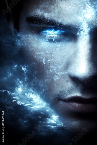 Mystical man portrait with luminous energy and ethereal clouds aesthetic