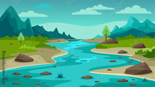 The once crystal clear waters of the river have been rep by a thick layer of algae and debris a sad depiction of the impact of water scarcity on the environment.. Vector illustration