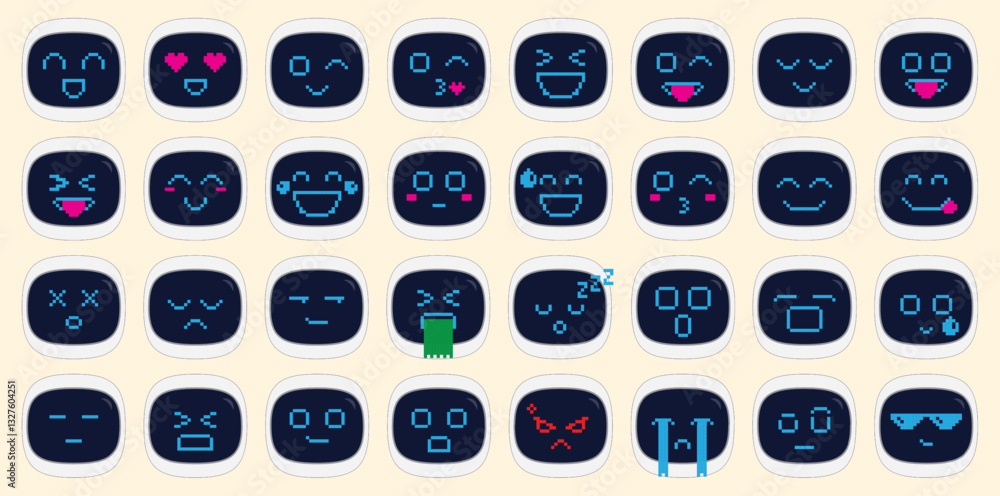 Set of pixelated robot face emojis with various expressions in digital style Set of pixelated robot face emojis with various expressions in digital style