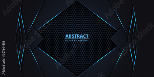 Dark abstract vector background with hexagon grid and blue luminous lines. Technology futuristic background with honeycomb grid and carbon fiber.