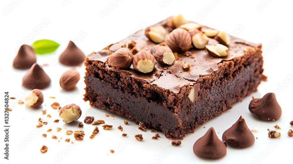 Piece of brownie cake with hazelnuts on white Piece of brownie cake with hazelnuts on white