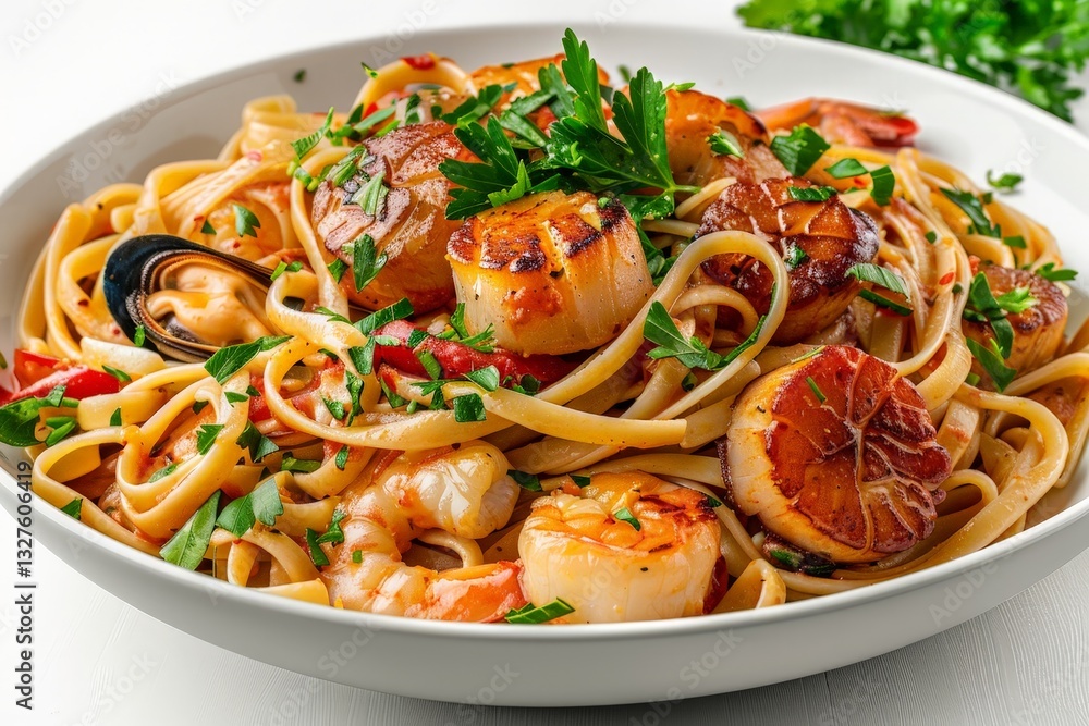 Elegant Seafood Pasta Dish with Shrimp and Scallops Garnished Elegant Seafood Pasta Dish with Shrimp and Scallops Garnished