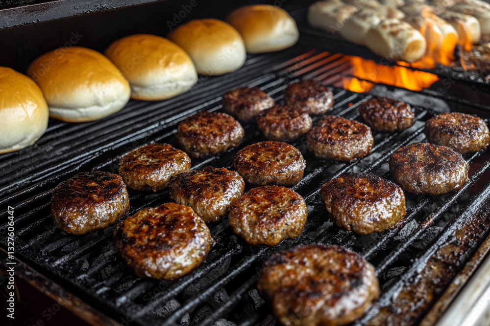 Grill with roasting cutlets and buns Grill with roasting cutlets and buns