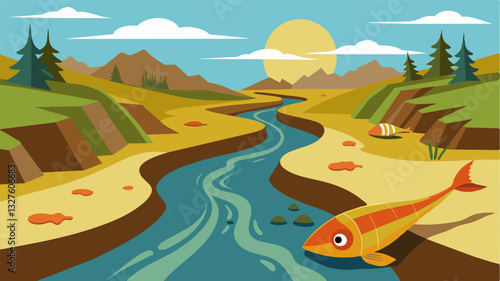 The river once a source of pride and life for the nearby communities now reflects a dismal reality. The banks are lined with dead and dying fish their bodies bloated and deformed. Vector illustration