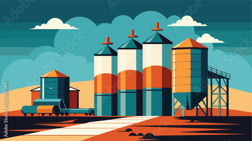 The once fully stocked silos now stand as a testament to the impact of embargoes and sanctions on a nations economy.. Vector illustration
