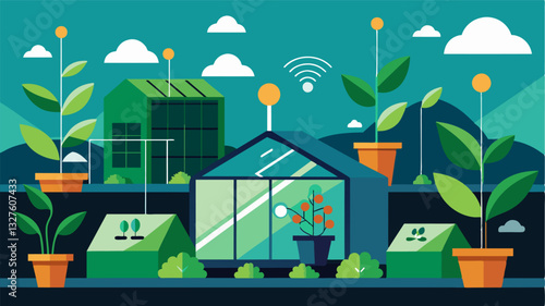 The greenhouses smart technology can detect and respond to changes in weather and outdoor CO2 levels ensuring a consistently controlled environment for plants.. Vector illustration