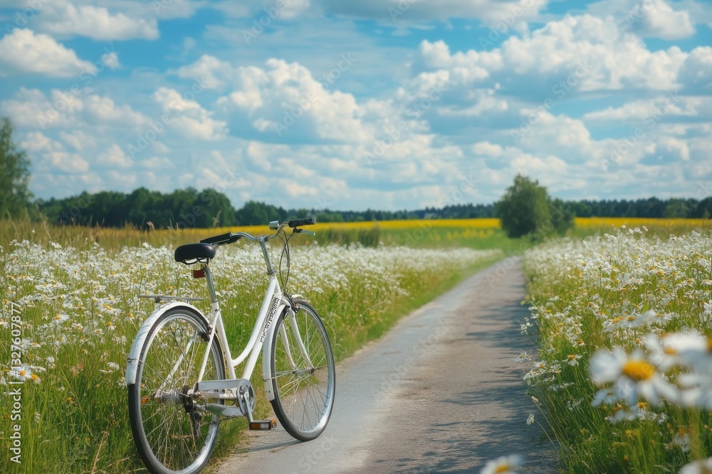 Fototapeta premium White Bicycle in a Daisy Field on a Sunny Summer Day