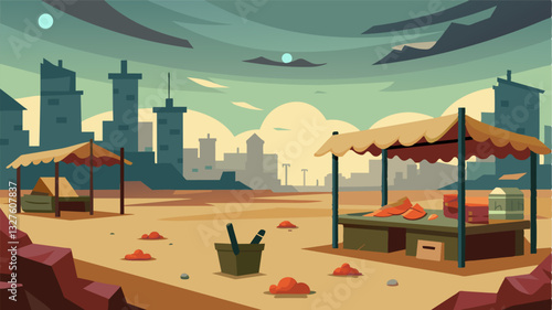 The once lively market square now a barren and desolate space serves as a grim reminder of the deadly consequences of conflict on the local food supply.. Vector illustration