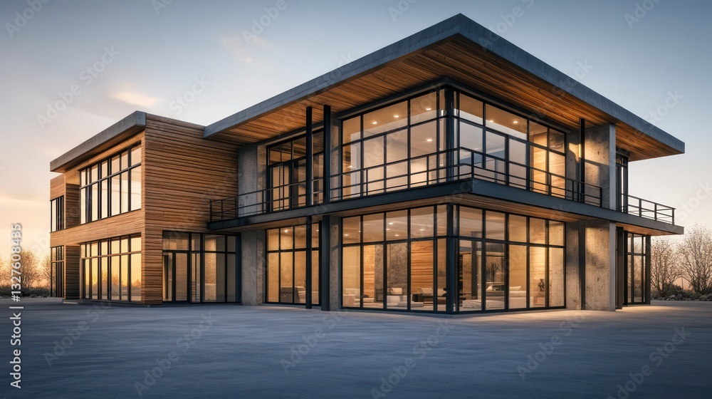 3D rendering of a contemporary two-story house with a striking mix of warm wooden cladding, concrete elements, and steel beams 3D rendering of a contemporary two-story house with a striking mix of warm wooden cladding, concrete elements, and steel beams
