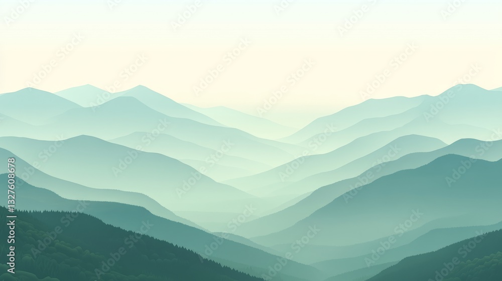 A serene landscape of mist-shrouded mountains in delicate teal hues, perfect for inspiring a sense of tranquility and wonder A serene landscape of mist-shrouded mountains in delicate teal hues, perfect for inspiring a sense of tranquility and wonder