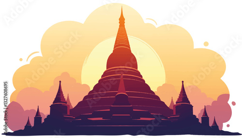 Silhouette of a stupa against a sunset background