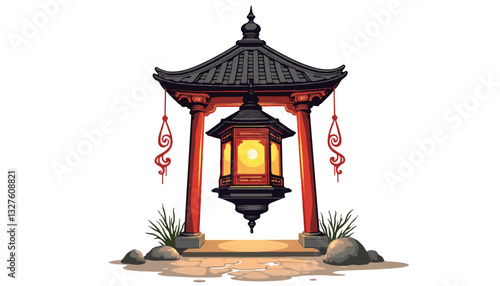 Oriental lantern in traditional gazebo against stone pathway background