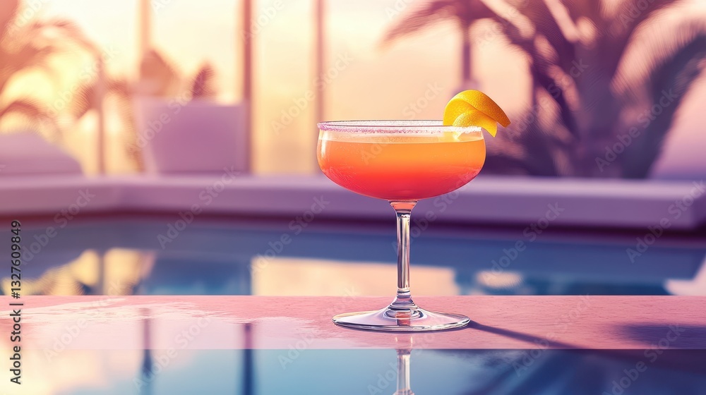 Of a Elegant cocktail with a gradient of pink and orange hues, served in a tall glass with a lemon twist, next to a luxurious pool Of a Elegant cocktail with a gradient of pink and orange hues, served in a tall glass with a lemon twist, next to a luxurious pool