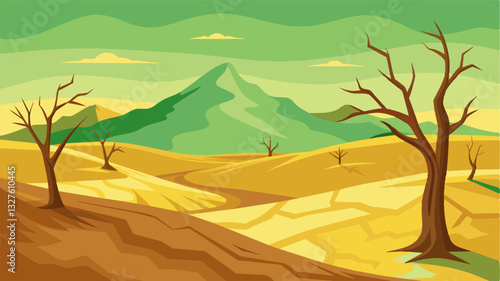 The once vibrant and green hills now a barren and lifeless terrain a haunting reminder of the prolonged drought.. Vector illustration