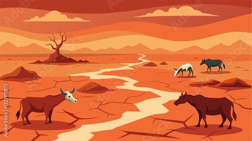 The once thriving field is now a barren and desolate landscape with the bodies of dead horses and cows strewn across the cracked sunbaked earth. The drought has taken its toll.. Vector illustration