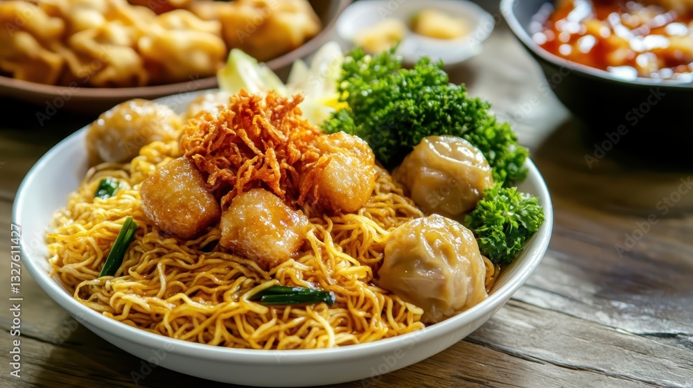 Enjoying flavorful noodles topped with crispy chicken and dumplings, a delightful dining experience in a cozy restaurant setting Enjoying flavorful noodles topped with crispy chicken and dumplings, a delightful dining experience in a cozy restaurant setting