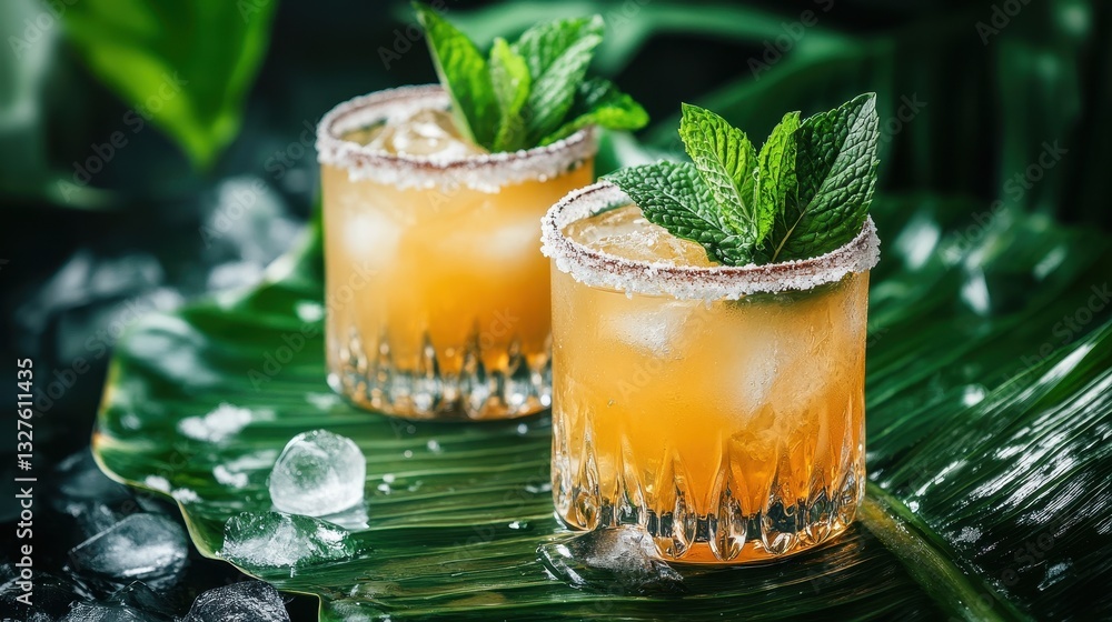 Of a Exotic rum-based cocktails with decorative sugar rims, fresh mint leaves, and ice cubes, placed on a tropical banana leaf Of a Exotic rum-based cocktails with decorative sugar rims, fresh mint leaves, and ice cubes, placed on a tropical banana leaf