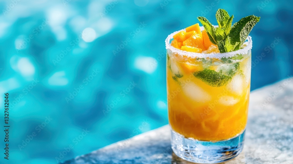 Fototapeta premium Of a Golden mango mojito with crushed mint leaves and a sugared rim, sitting on a glass-top table by a luxurious blue pool