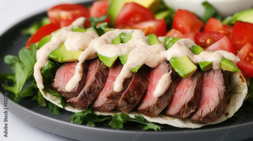 Fresh tortilla wrap filled with sliced beef, avocado, and vegetables on a plate Fresh tortilla wrap filled with sliced beef, avocado, and vegetables on a plate