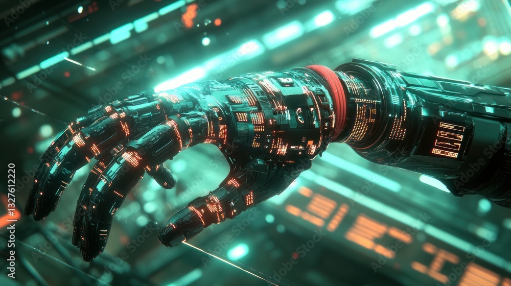 Naklejka premium Futuristic Robotic Hand Reaching Over Surface