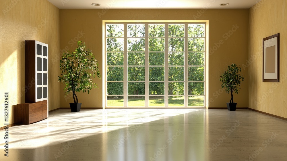 Fototapeta premium Empty modern room with earth-toned walls, microcement floor, and contemporary furniture.