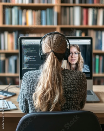 Woman in Video Conference at Library Desk