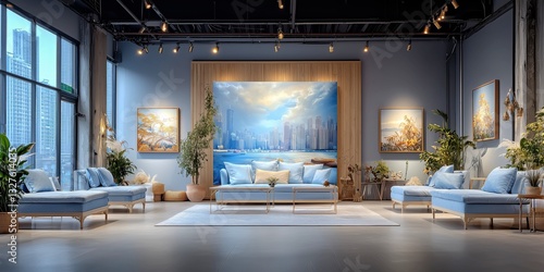 Wallpaper Mural Modern living room with coastal decor and city skyline view enhancing the serene atmosphere Torontodigital.ca