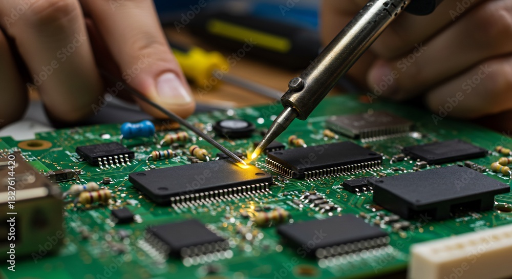 Soldering Circuit Board Repair Warm Light. AI Generated Soldering Circuit Board Repair Warm Light. AI Generated
