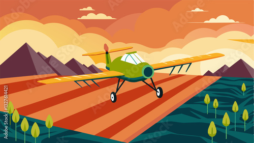 The automated crop duster zooms over a rugged terrain avoiding obstacles with its advanced obstacle avoidance system while efficiently distributing seeds onto the ground.. Vector illustration