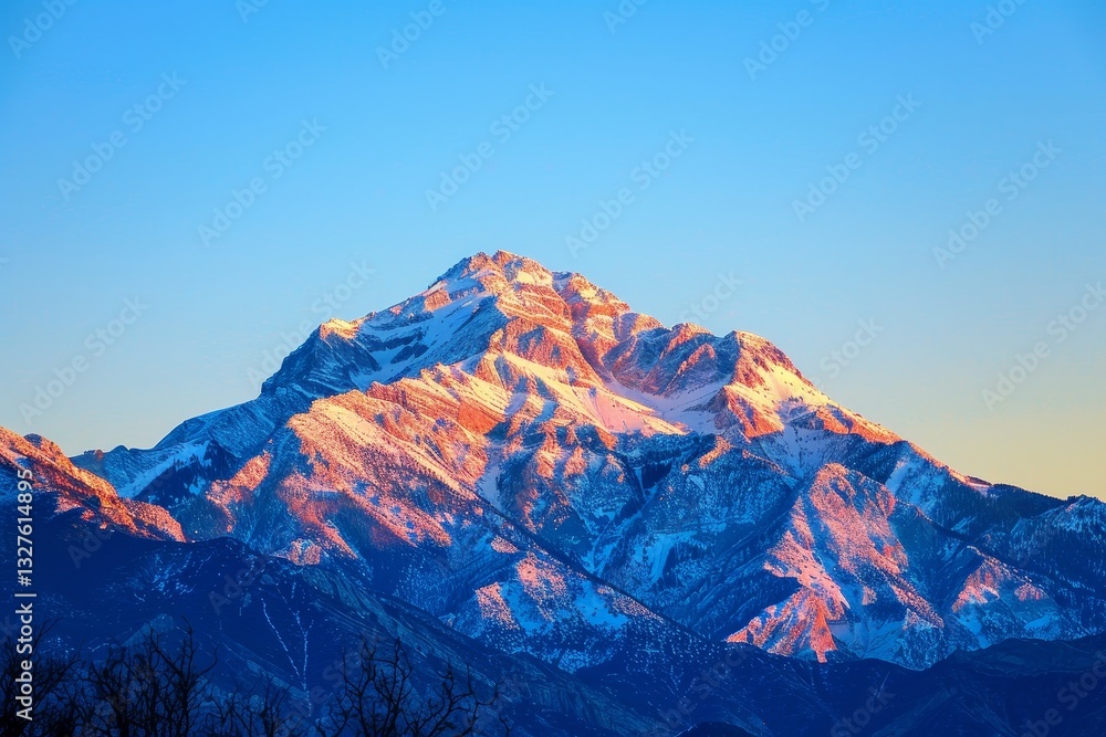 Fototapeta premium A snow-capped mountain peak rises above a sea of clouds, illuminated by the warm glow of the rising sun, The serene beauty of a mountain peak at sunrise