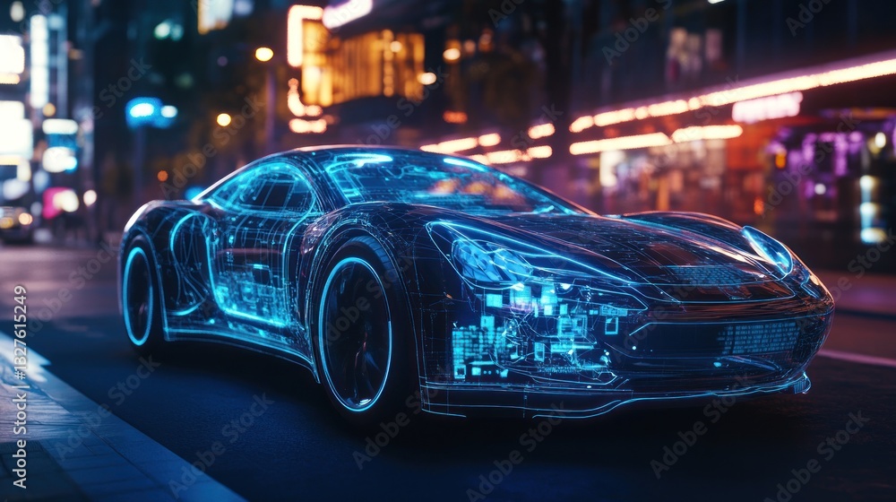 Futuristic Sports Car with Digital Wiring Displayed Futuristic Sports Car with Digital Wiring Displayed