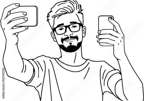 Outline illustration of a person taking a selfie minimal digital lifestyle vector design