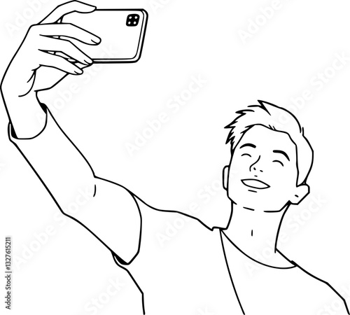 Outline illustration of a person taking a selfie minimal digital lifestyle vector design