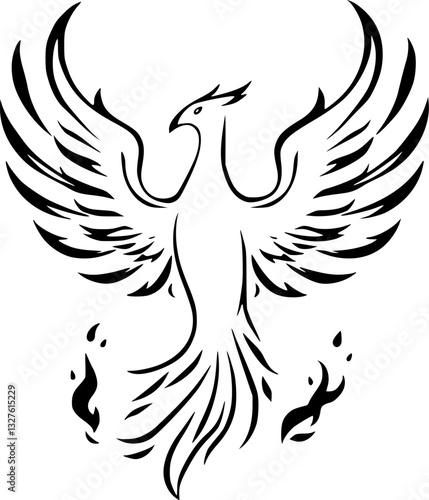 Outline illustration of a rising phoenix minimal fantasy bird vector design