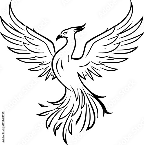 Outline illustration of a rising phoenix minimal fantasy bird vector design