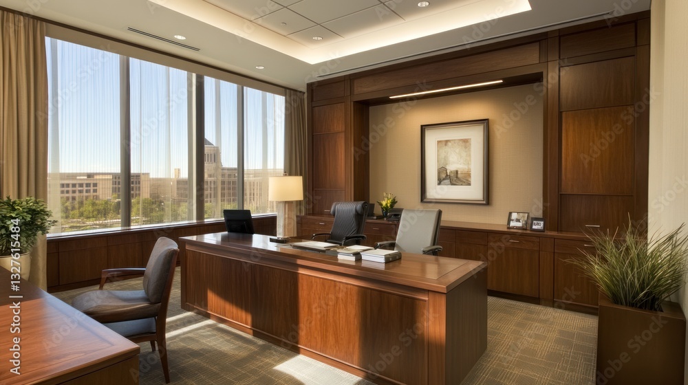 Elegant office features a large desk and city view Elegant office features a large desk and city view